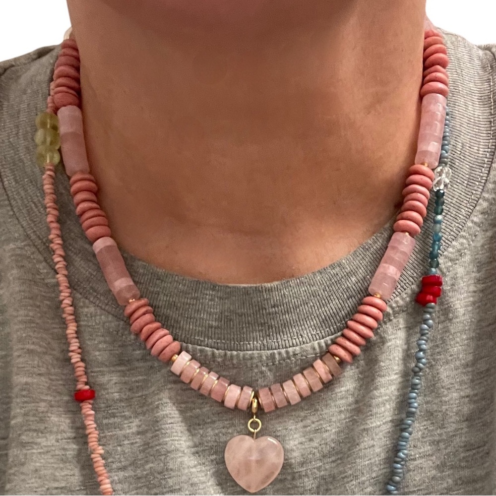 Blush Pink Rose Quartz and Ashanti Glass Necklace Handmade OOAK
